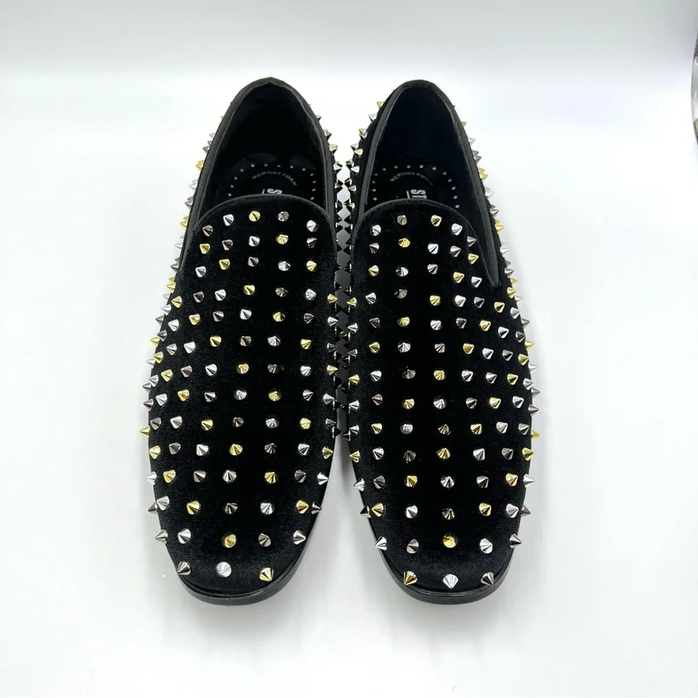 Stacy Adams Mens 9.5 Spire Black Velvet Gold Silver Spiked Studded Loafers Shoes